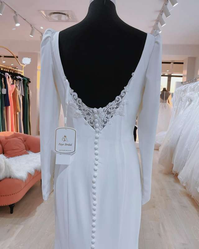 (Rental) Theressa, Long sleeve low back sheath wedding dress.