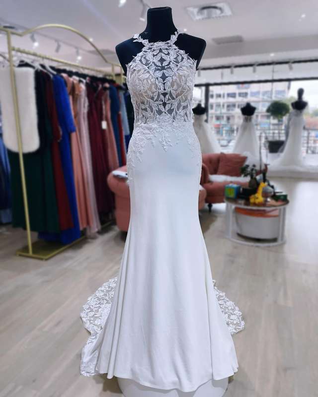 ASHLEY, Halter neck lace detail crepe mermaid wedding dress.