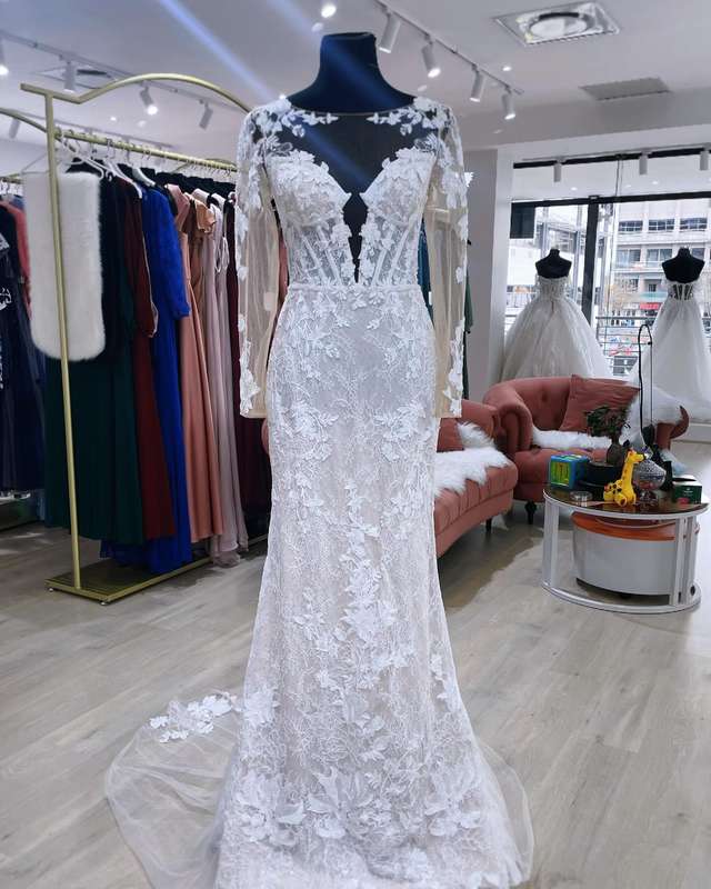 VERONICA, long sleeve three D lace detail mermaid wedding dress