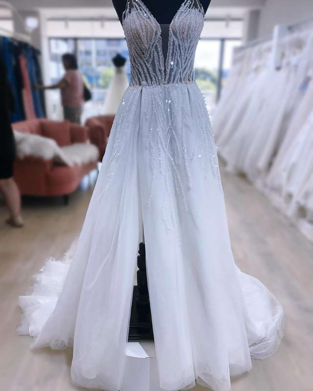 (Rental) Cameron, Sweetheart lace beaded bodice , A-Line with slit wedding dress.