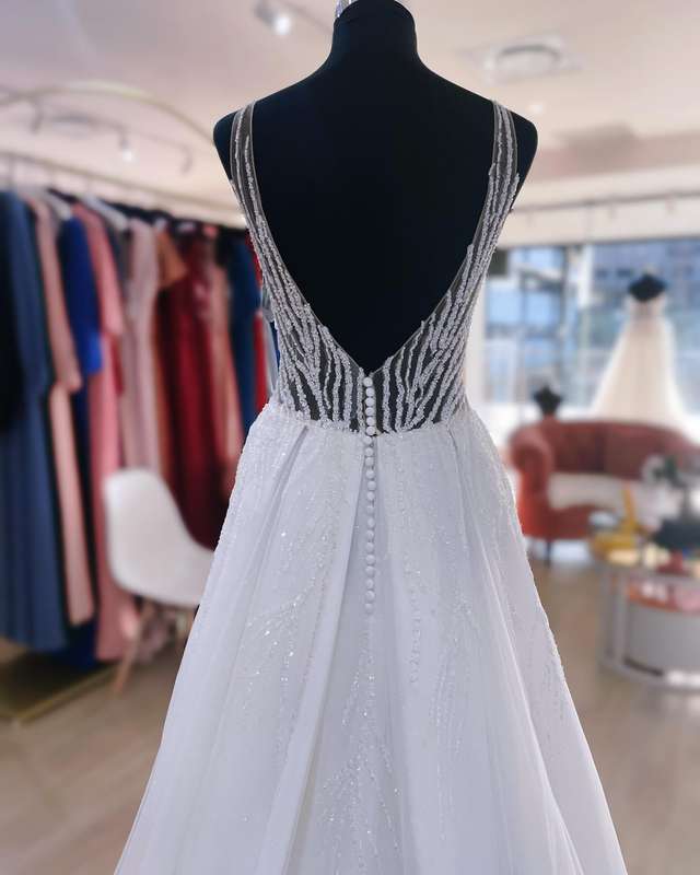 (Rental) Cameron, Sweetheart lace beaded bodice , A-Line with slit wedding dress.