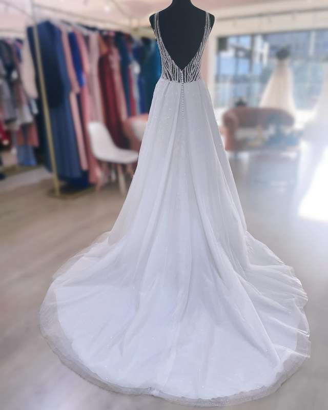 (Rental) Cameron, Sweetheart lace beaded bodice , A-Line with slit wedding dress.