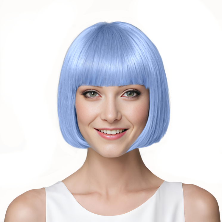 Bob-Cut Straight Fringe Cosplay Wig With Cap - Ash Blue