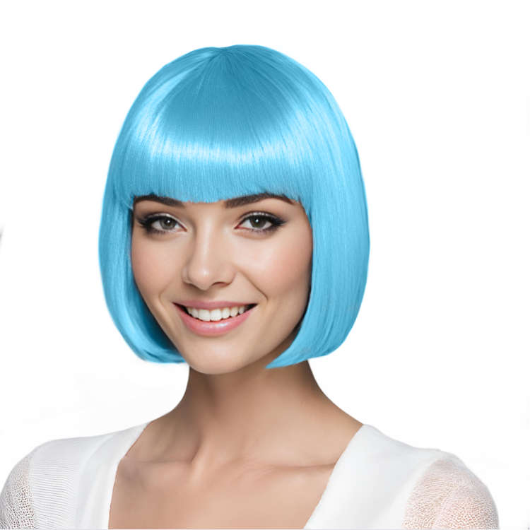Bob-Cut Straight Fringe Cosplay Wig With Cap - Baby Blue