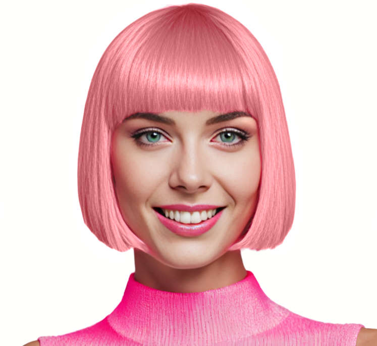Bob-Cut Straight Fringe Cosplay Wig With Cap - Baby Pink