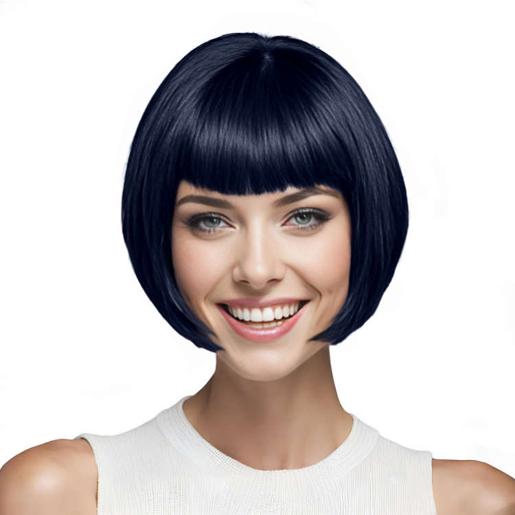 Bob-Cut Straight Fringe Cosplay Wig With Cap - Blue-Black
