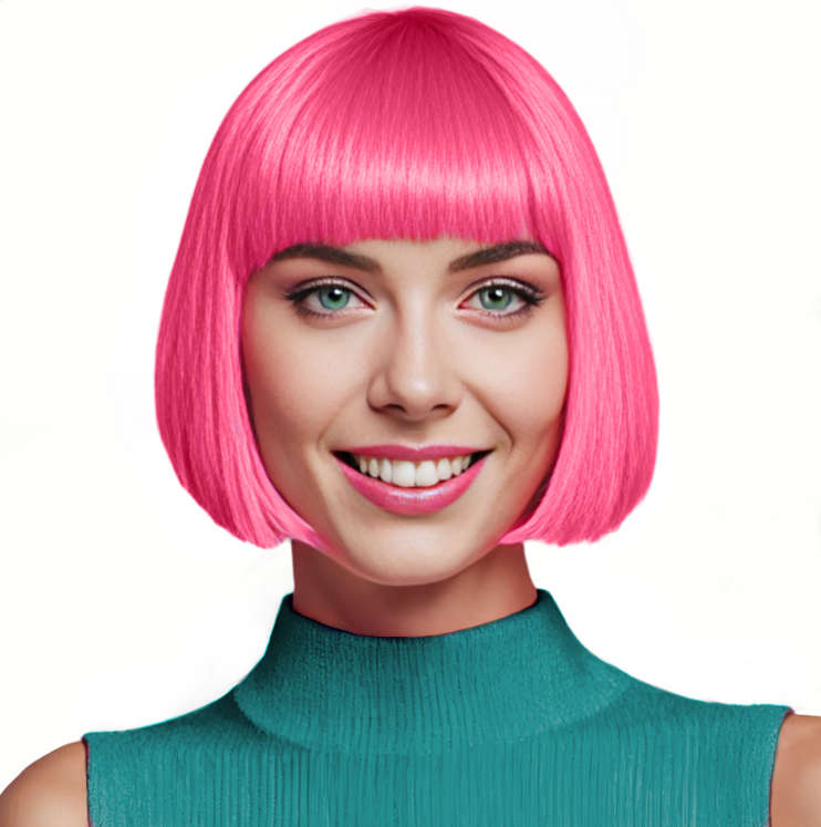 Bob-Cut Straight Fringe Cosplay Wig With Cap - Bright Pink