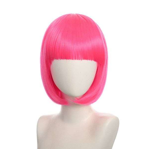 Bob-Cut Straight Fringe Cosplay Wig With Cap - Bright Pink