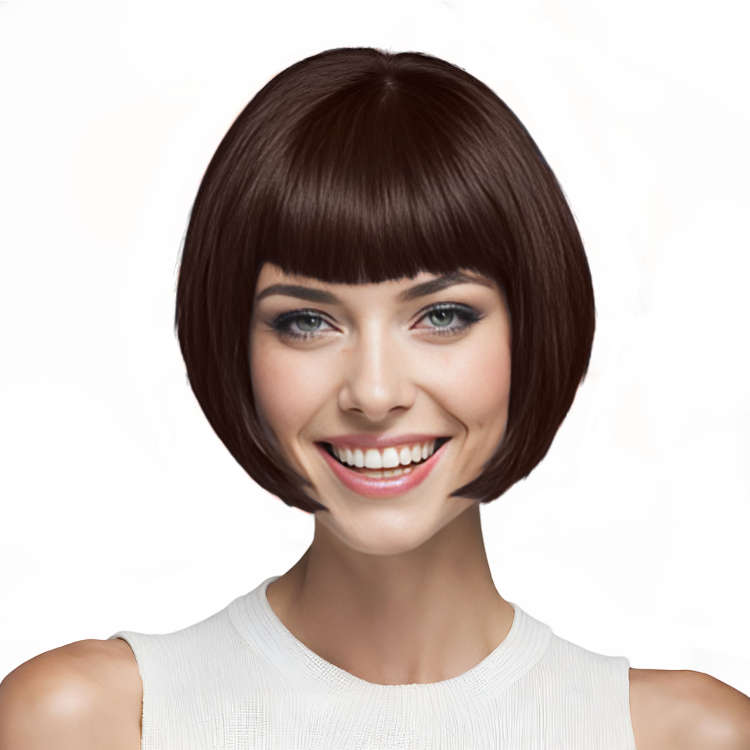 Bob-Cut Straight Fringe Cosplay Wig With Cap - Chocolate Brown