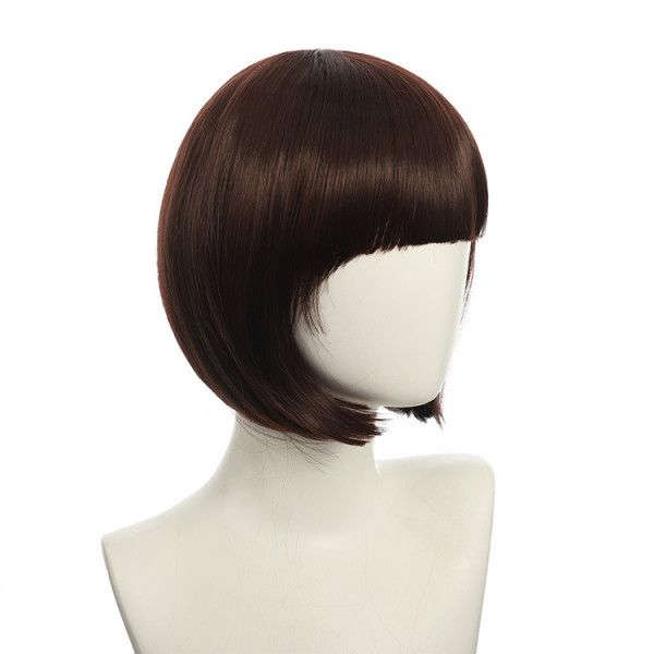 Bob-Cut Straight Fringe Cosplay Wig With Cap - Chocolate Brown