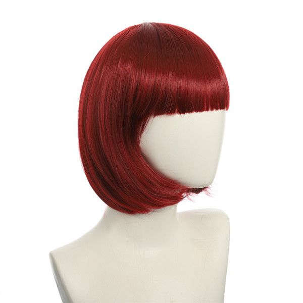 Bob-Cut Straight Fringe Cosplay Wig With Cap - Dark Red