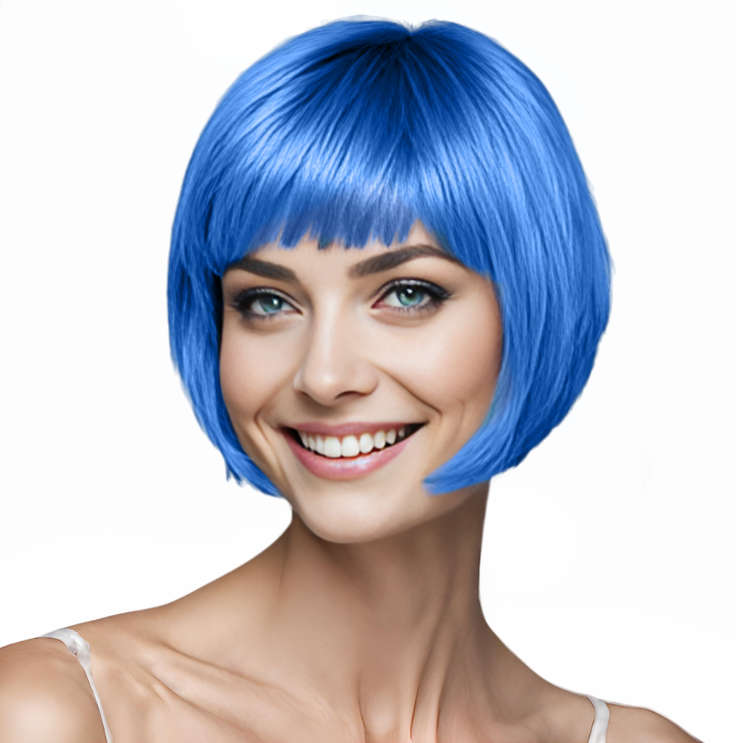 Bob-Cut Straight Fringe Cosplay Wig With Cap - Diamond Blue