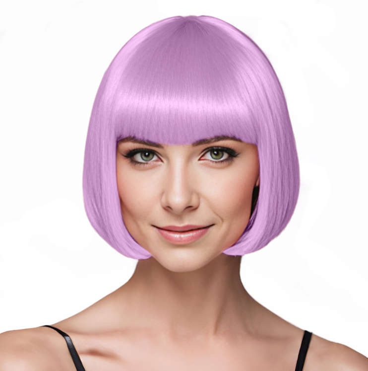 Bob-Cut Straight Fringe Cosplay Wig With Cap - Lilac