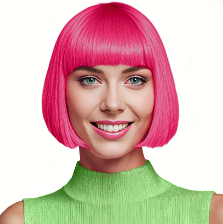 Bob-Cut Straight Fringe Cosplay Wig With Cap - Neon Pink