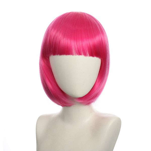 Bob-Cut Straight Fringe Cosplay Wig With Cap - Neon Pink