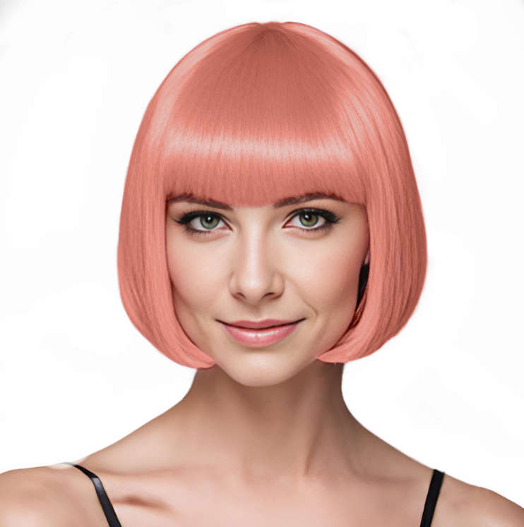 Bob-Cut Straight Fringe Cosplay Wig With Cap - Peach Pink