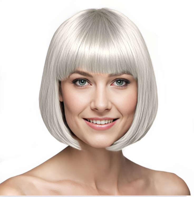 Bob-Cut Straight Fringe Cosplay Wig With Cap - Silver White