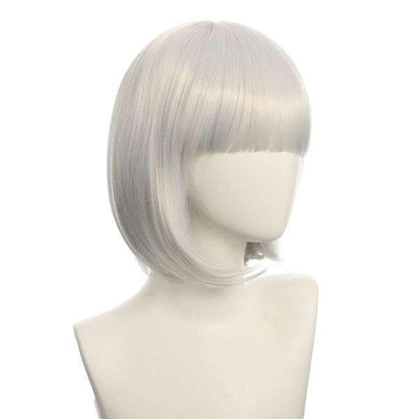 Bob-Cut Straight Fringe Cosplay Wig With Cap - Silver White