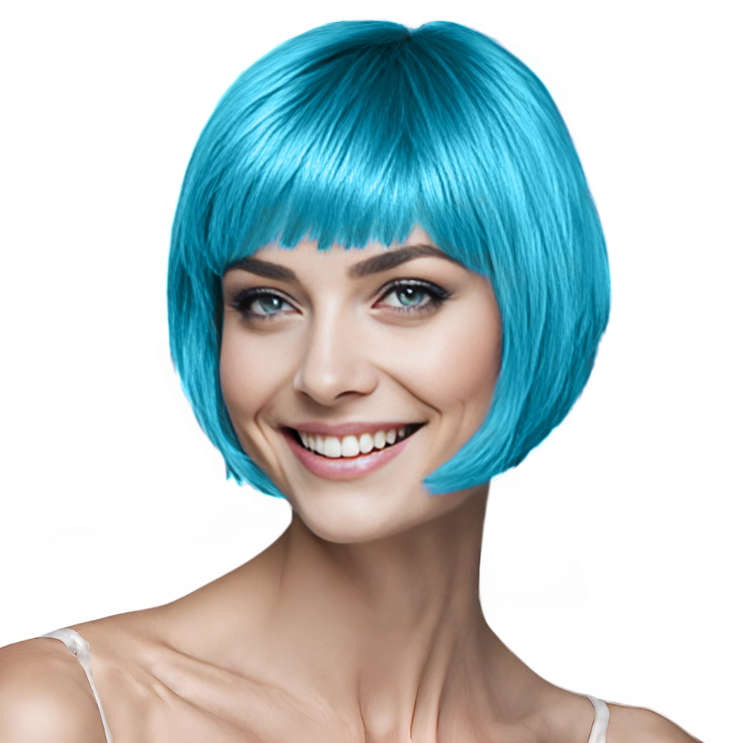 Bob-Cut Straight Fringe Cosplay Wig With Cap - Sky Blue