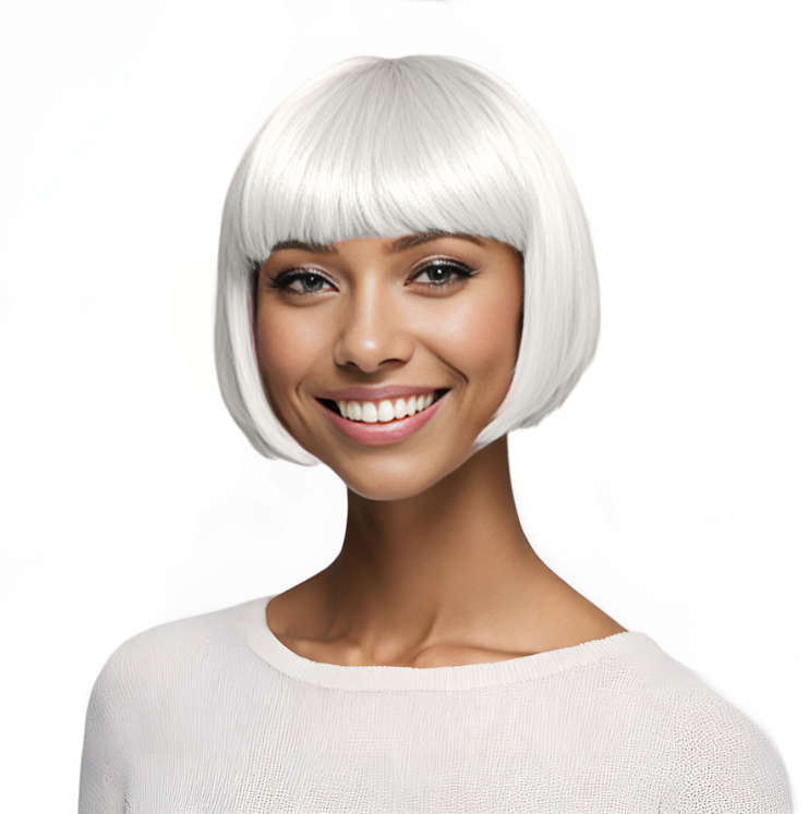 Bob-Cut Straight Fringe Cosplay Wig With Cap - White