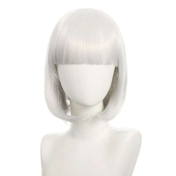 Bob-Cut Straight Fringe Cosplay Wig With Cap - White