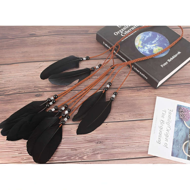 Bohemian Style Headband With Feathers - Black Mix