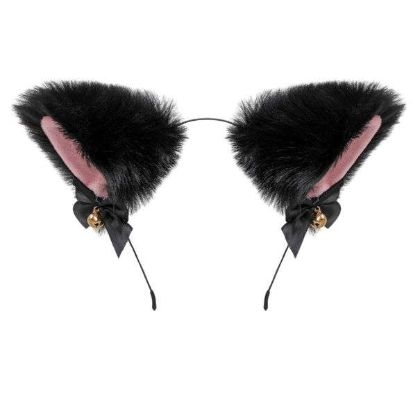 Kawaii Fluffy Cat Ear Headband With Ribbons And Bells - Black, Pink
