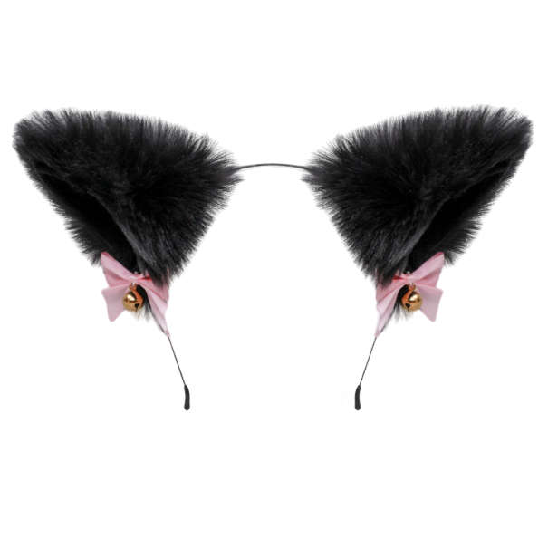 Kawaii Fluffy Cat Ear Headband With Ribbons And Bells - Black