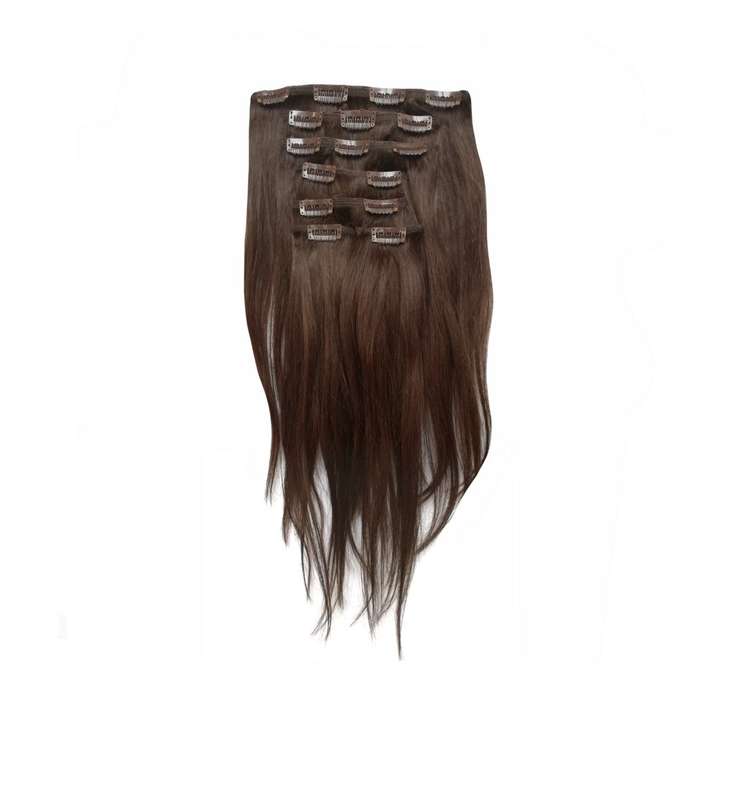 100% Brazilian Remy Human Hair Straight 7pc XXL 35cm Clip Hair Extensions - 4 Chocolate Brown
