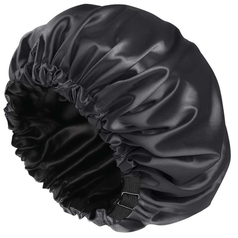 Silk-Lined Shower Cap  Reusable, Adjustable, Washable & Waterproof | Large Size | Black