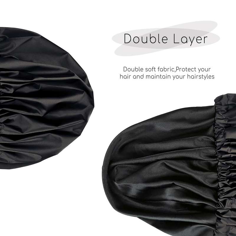 Silk-Lined Shower Cap  Reusable, Adjustable, Washable & Waterproof | Large Size | Black
