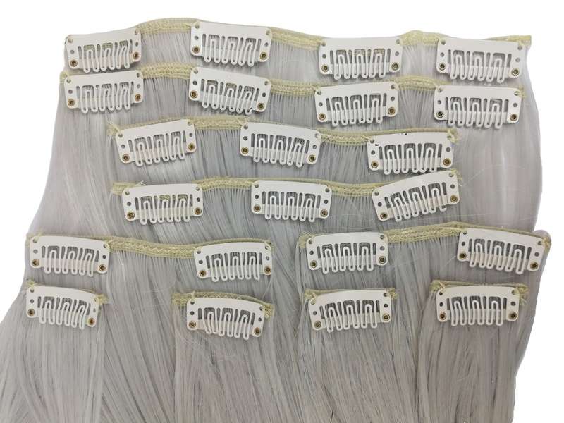 10 Piece Straight Long 55-60cm Full Head Clip-on Hair Extensions XXL - 1001B Silver Platinum Straigh