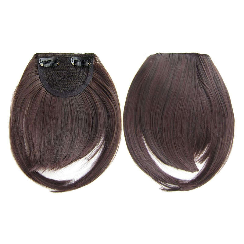 Clip in Bangs Fringe Front One Piece Hair Extensions with Temples - 2-33 Dark Mahogany Brown Mix