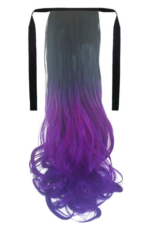 Tie-On Wavy Ombre Ponytail 55cm with Ribbons & Clip - 1-Purple