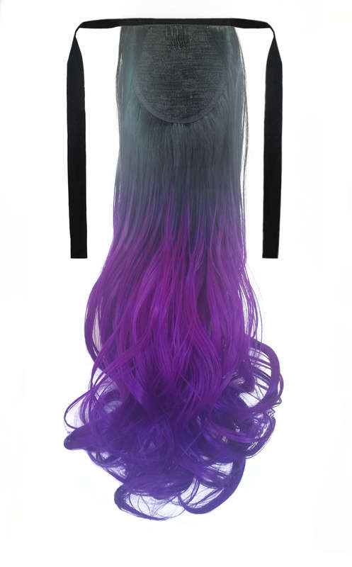 Tie-On Wavy Ombre Ponytail 55cm with Ribbons & Clip - 1-Purple