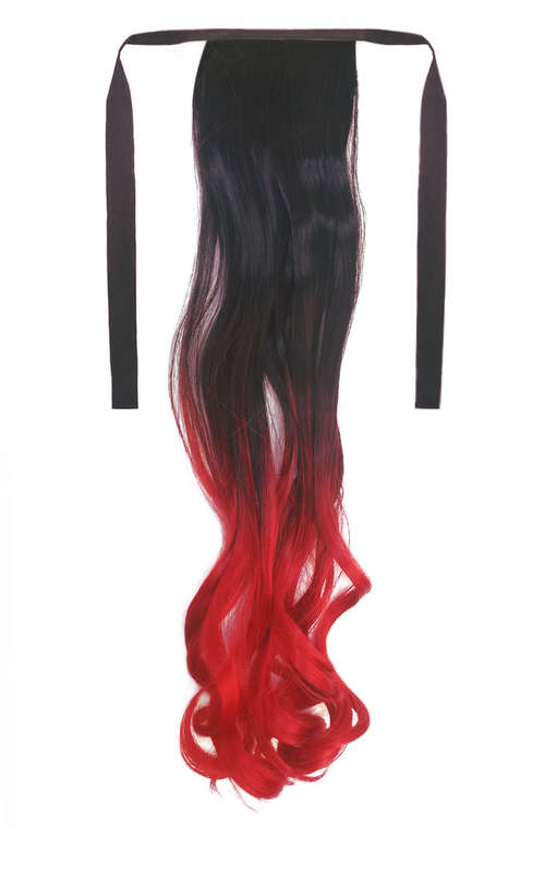 Tie-On Wavy Ombre Ponytail 55cm with Ribbons & Clip - 1-Red