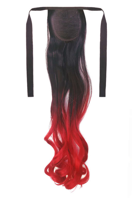 Tie-On Wavy Ombre Ponytail 55cm with Ribbons & Clip - 1-Red