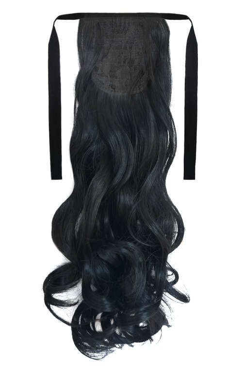 Tie-On Wavy Ponytail 55cm With Ribbons & Clip - 1 Jet Black