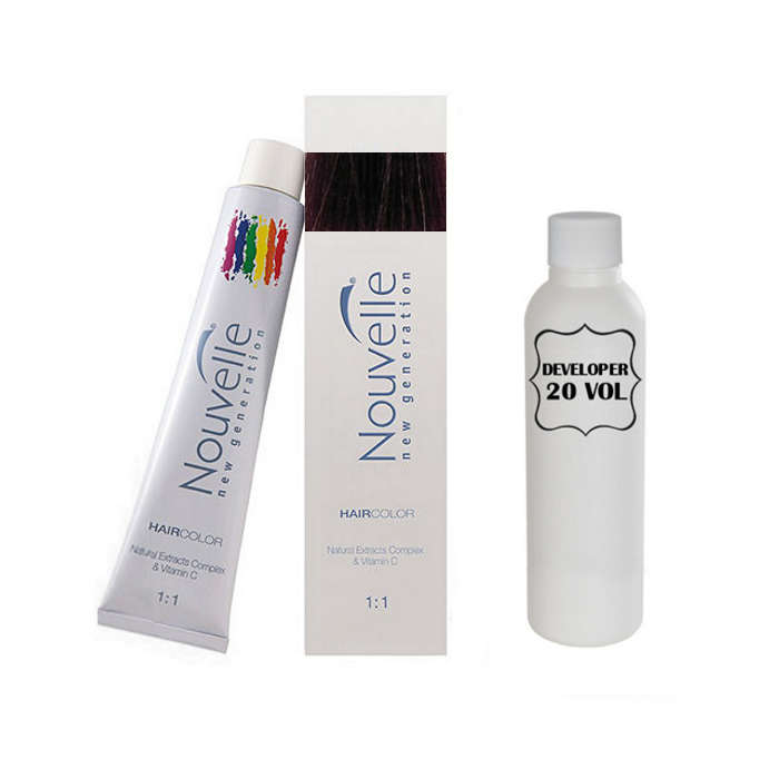 Nouvelle Professional Permanent Hair Tint Dye 100ml + 100ml 20vol developer - 2.20 Dark violet brown