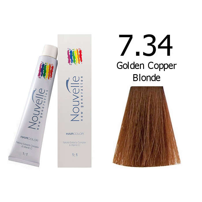 Nouvelle Professional Permanent Hair Tint Dye 100ml + 100ml 20vol developer - 7.34 Golden copper blo