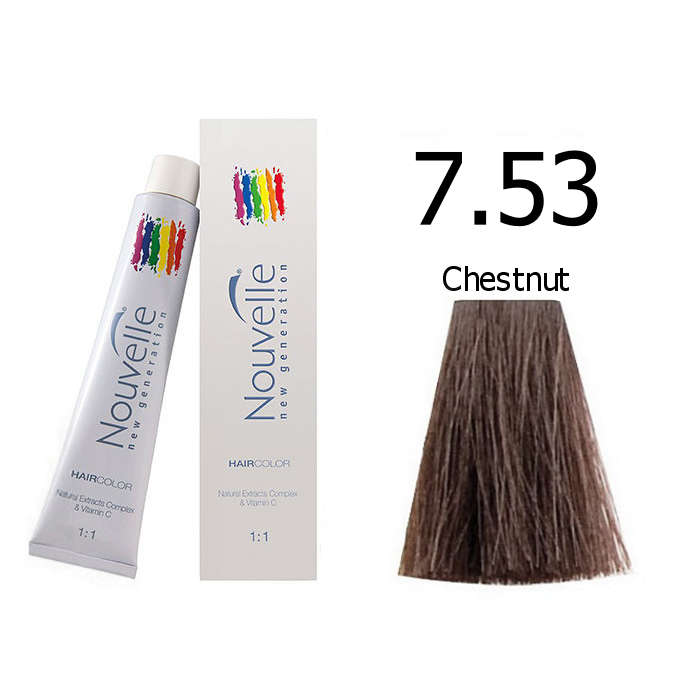 Nouvelle Professional Permanent Hair Tint Dye 100ml + 100ml 20vol developer - 7.53 Chestnut
