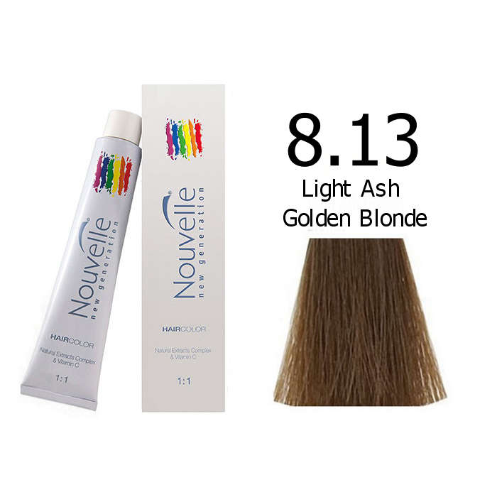 Nouvelle Professional Permanent Hair Tint Dye 100ml + 100ml 20vol developer - 8.13 Light ash golden