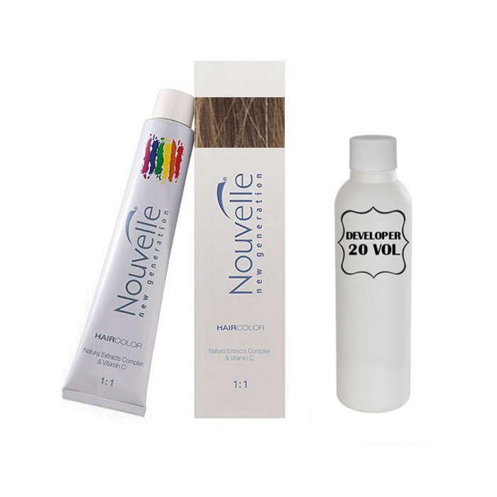 Nouvelle Professional Permanent Hair Tint Dye 100ml + 100ml 20vol developer - 8N Light blonde