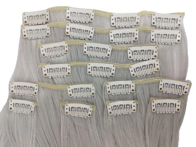 10 Piece Wavy Long 55-60cm Full Head Clip-on Hair Extensions XXL - 1001B Silver platinum