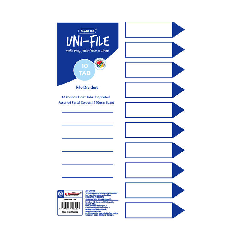Marlin File dividers / indexes 160gsm Pastel Board: 10 position (Pack of 10)