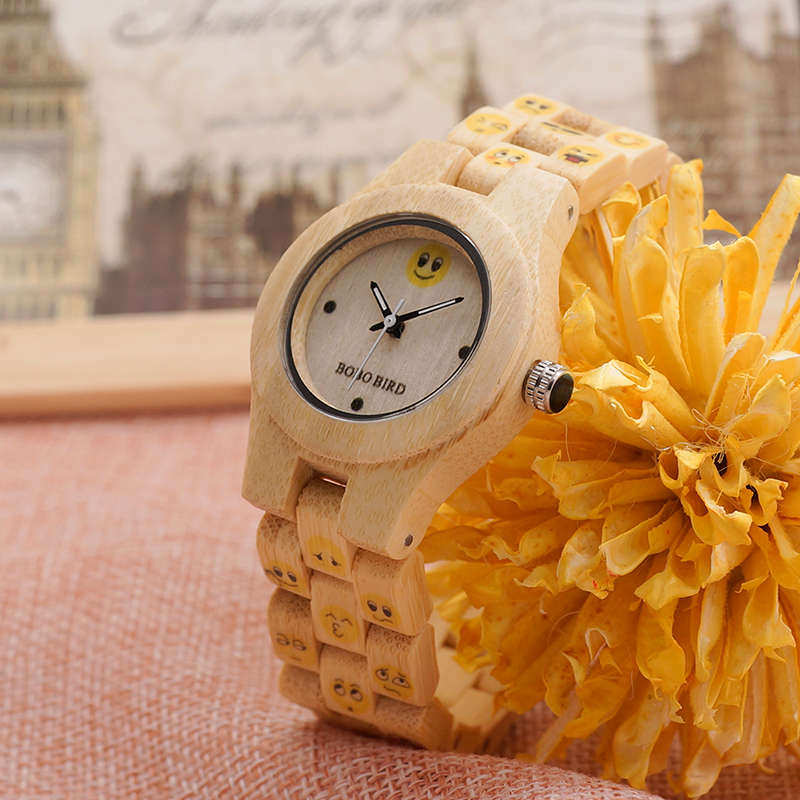 Emotional Face Ladies Wooden Watch Yellow Color