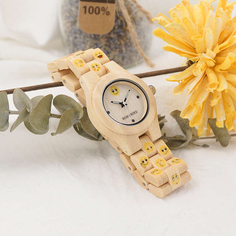 Emotional Face Ladies Wooden Watch Yellow Color