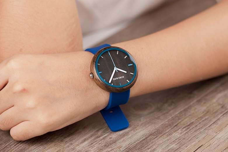 BOBO BIRD Ladies wooden watch with Silicone wrist band - Blue