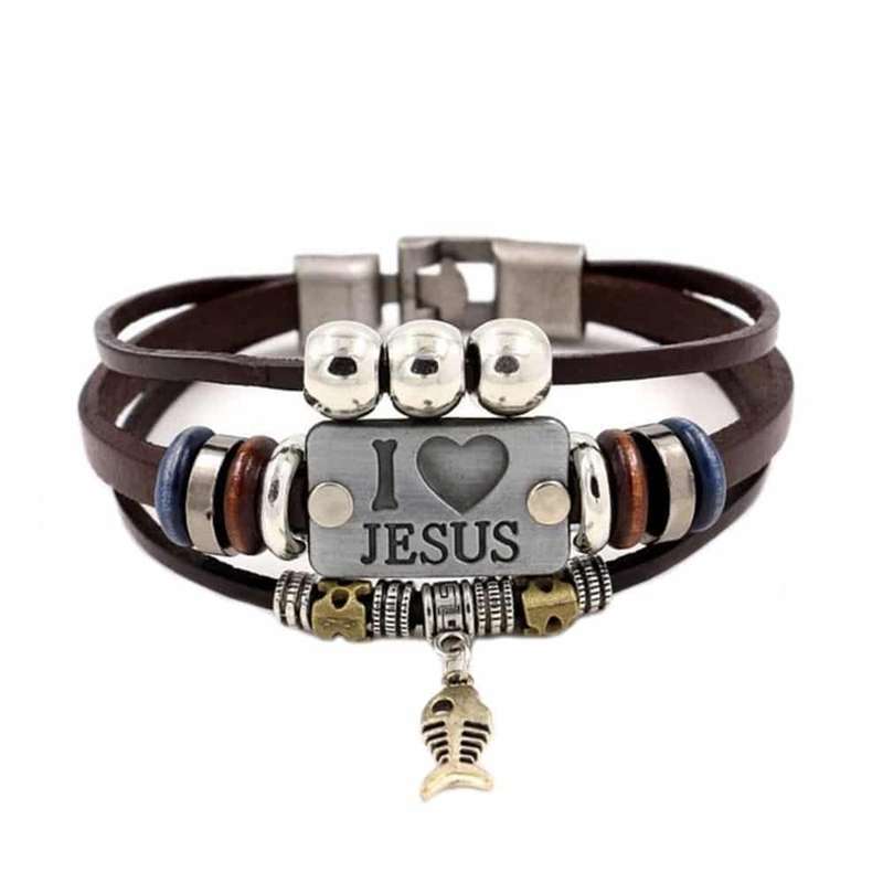 Killer Deals I Love Jesus Charm Unisex Steel & Leather Bracelet- M/L