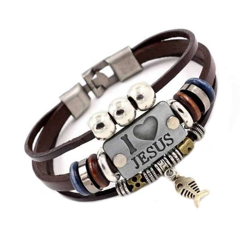 Killer Deals I Love Jesus Charm Unisex Steel & Leather Bracelet- M/L